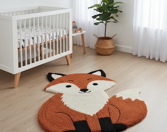 Cute Fox Shaped Hand Tufted Rug - Woodland Animal Childrens Play Carpet for Nursery and Kids Bedroom Decor