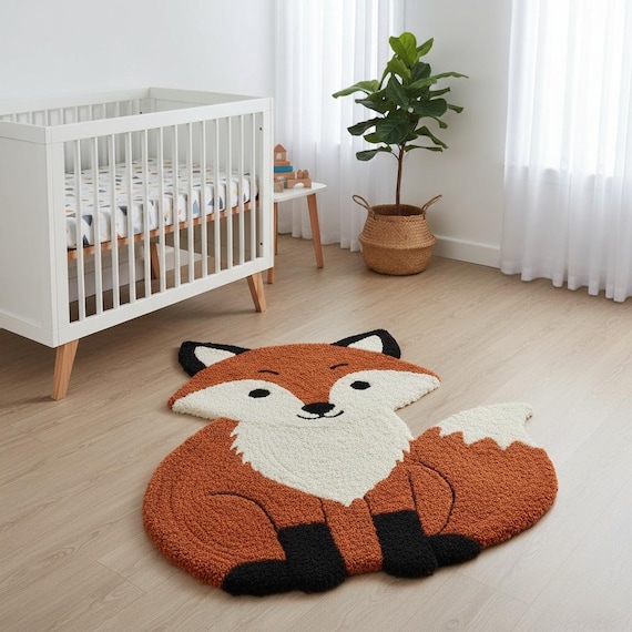 Adorable Fox Shaped Hand-tufted Wool Nursery Rug – Kids Room Decor, Animal Rug for Baby Nursery, Playroom Carpet 5x7