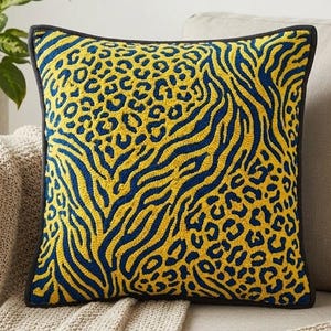 Yellow and Blue Leopard Pillow • Modern Tufted Animal Print Cushion