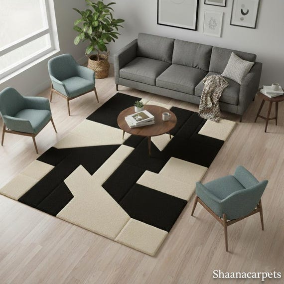 Modern Geometric Black & Cream Hand-tufted Wool Rug 3D Textured Abstract Carpet for Living Room | Bold Minimalist Decor by Shaanacarpets 6x9