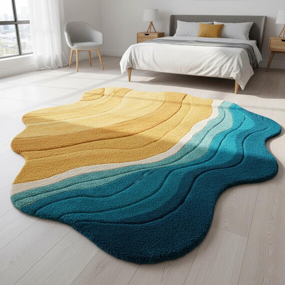 Beach Wave Abstract Area Rug–Handmade Tufted Wool Modern Coastal Carpet, Ocean Sand Design,Custom Statement Rug for Living Room ,Bedroom 6x9