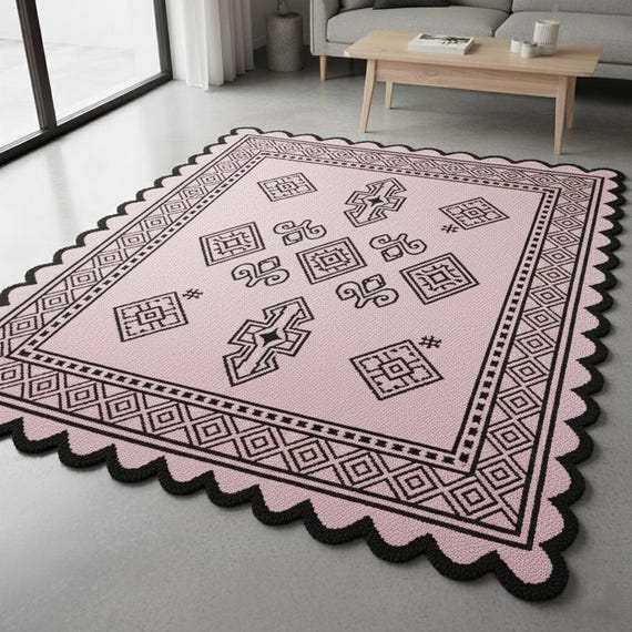 Pink Boho Area Hand-Tufted Wool Rug with Moroccan Tribal Pattern | Handmade Unique Scalloped Edge Carpet for Living Room & Bedroom 5x8