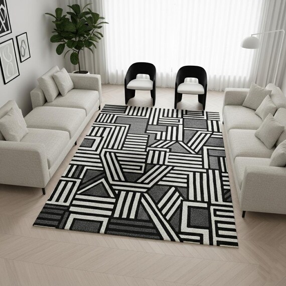 Modern Hand-Tufted wool Geometric Area Rug | Black & White Abstract Lines for Living Room Bedroom,Nursery rug 9x12