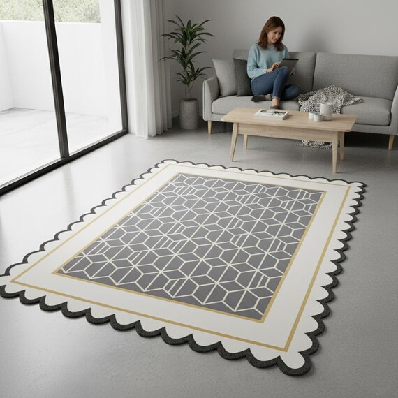 Modern Hand-tufted wool Geometric Scalloped Edge Rug – Gray, White,Gold Contemporary Carpet, Unique Handmade Living Room Statement Decor 5x7