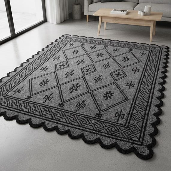 Minimalist Black,Gray Moroccan Rug | Hand-Tufted Wool Scalloped Edge Boho Area Modern Living Room Carpet, Neutral Handmade Bedroom Rug 9x12