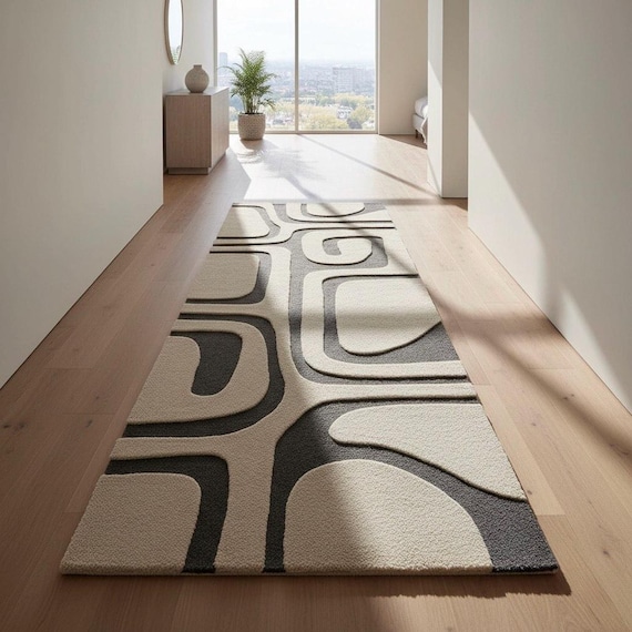 2.5x10 Modern Black & Beige Abstract Hallway Runner Rug | Contemporary Hand-Tufted Wool Rug | Design for Entryway,Corridor Decor 2.5x12,3x12