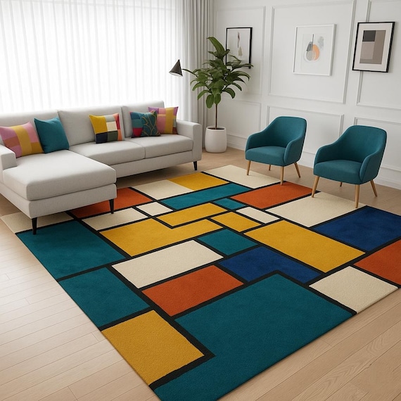 Modern Geometric Color Block Area Hand-Tufted Wool Rug| Abstract Rectangular Carpet,Handmade Contemporary Living Room,Bedroom Rug 6x9