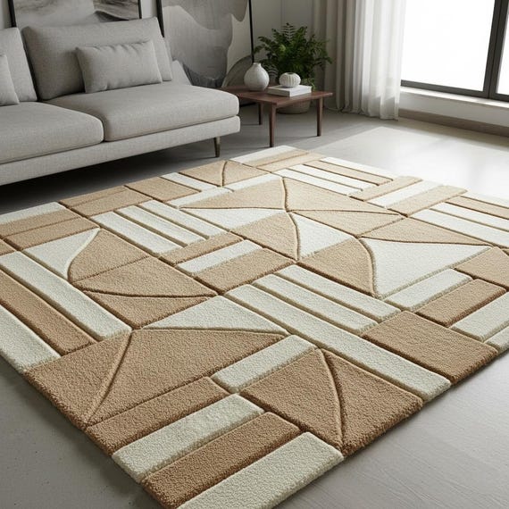 Modern Geometric Beige & Cream Hand-tufted Wool Rug 3D Textured Abstract Carpet for Living Room | Bold Minimalist Decor by Shaanacarpets 6x9