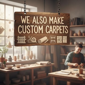 May include: A wooden sign with the text "WE ALSO MAKE CUSTOM CARPETS" hangs from a chain. The sign features icons of carpet-making tools. A craftsman works in a workshop with wooden tables, shelves, and various pottery items.