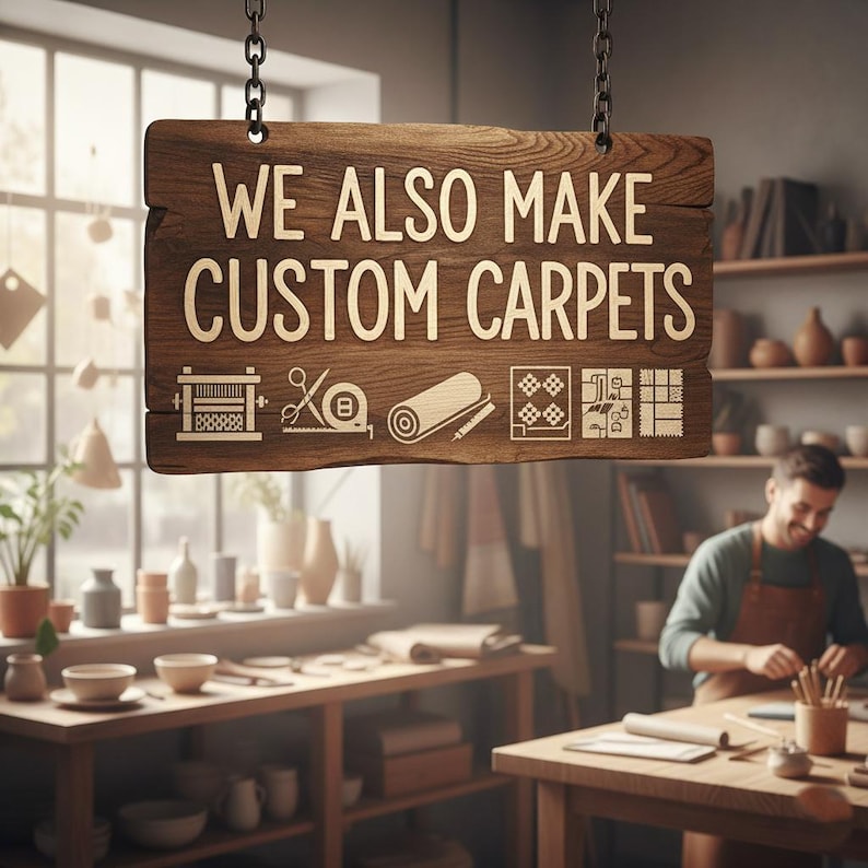 May include: A wooden sign with the text "WE ALSO MAKE CUSTOM CARPETS" hangs from a chain. The sign features icons of carpet-making tools. A craftsman works in a workshop with wooden tables, shelves, and various pottery items.