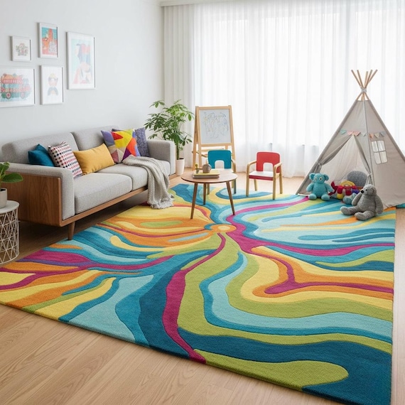 8x10 Colorful Abstract Design Rainbow Whirlwind Hand-Tufted Wool Groovy - Unique Statement Piece Abstract Splash Rug: Bold & Bright Rug