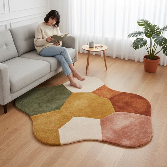 Unique Organic Area Rug..Abstract Hand-Tufted Wool Olive Green, Terracotta Mustard For Gifts Modern Living Room Rug,Nursery Handmade Rug 5x7