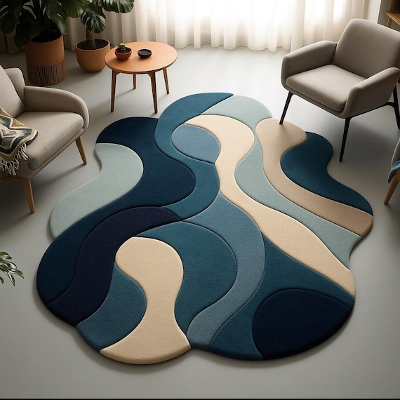 Contemporary Blue Beige Hand-tufted Abstract Rug for Stylish Home Decor – Modern Wave Design by Shaanacarpets"