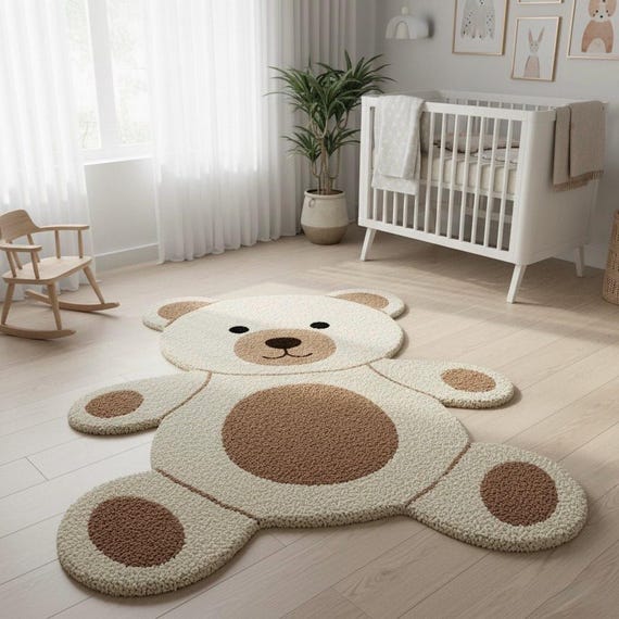 3x5 Cute Teddy Bear Shaped Kids Rug – Soft Hand-Tufted Wool Carpet for Nursery or Playroom Decor 4x6.4x7.5x7