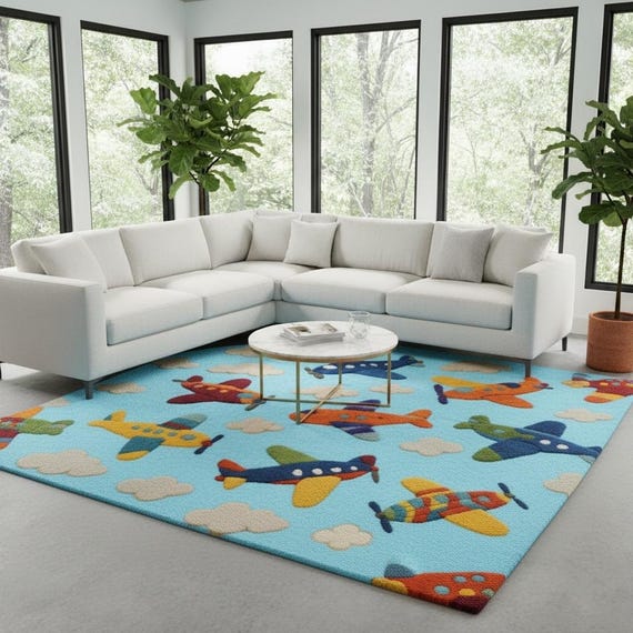 4x6 Colorful Airplane Kids Playful Sky Adventure Hand-tufted Wool Rug for Nursery or Playroom 5x7.5x8.7x10