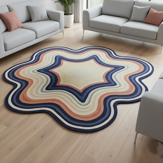 Hand-tufted Wool Irregular Wavy Shape Area Rug – Multicolor Abstract Starburst Design Carpet for Living Room, Modern Boho Nursery rug 4x6