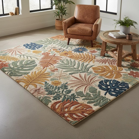 Bohemian Botanical Hand-tufted Wool Area Rug – Hand Tufted Multicolor Tropical Leaf Floral Carpet for Living Room & Bedroom 5x8