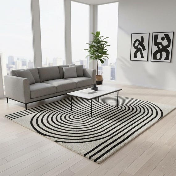 Black and White Geometric Line Rug 5x8 – Minimalist Hand-tufted Wool Rug for Living Room, Contemporary Art-Inspired Area Rug 5x7.5x8.7x10
