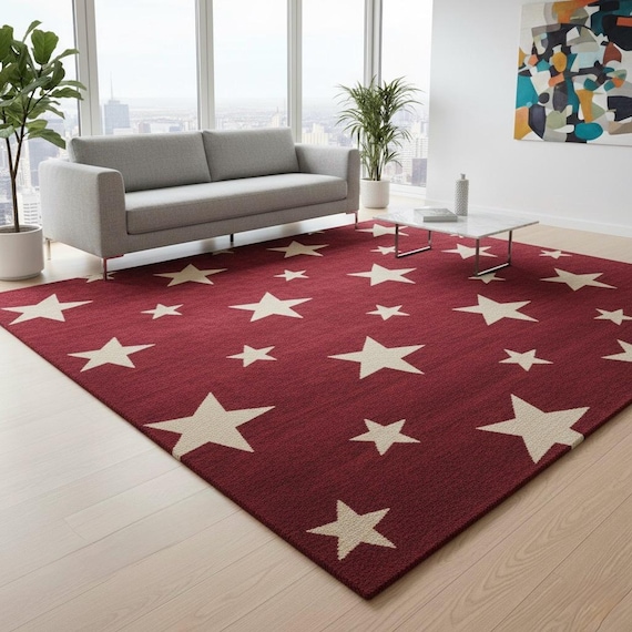 8x10 For Living Room Red Star Pattern Wool Rug – Modern Hand-Tufted Contemporary Star Design Area Rug | Statement Home Floor Rug