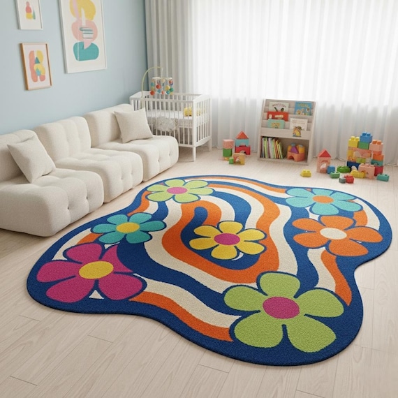 Colorful Retro Hand-tufted Wool Flower Pattern Kids Playroom Rug – Irregular Shape, Fun & Vibrant Design..hand-tufted Nursery Rug 5x8