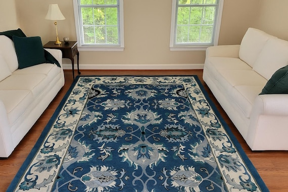 Hand-Tufted Blue Wool Rug | Classic Floral Design | Shaanacarpets Living Room Carpet| Elegant Blue Teal Wool Area Rug|Floral Carpet..