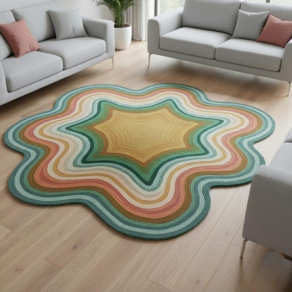 Boho Scalloped Flower Irregular Hand-tufted Wool Abstract Wavy Rug| Mid-Century Modern Rug ,Funky Rug for living room,bedroom,Nursery rug6x6