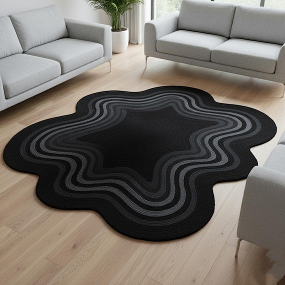4x6 Modern Irregular Black & Gray Wave Pattern Hand-Tufted Wool Rug – Unique Abstract Living Room,bedroom rug,Nursery rug