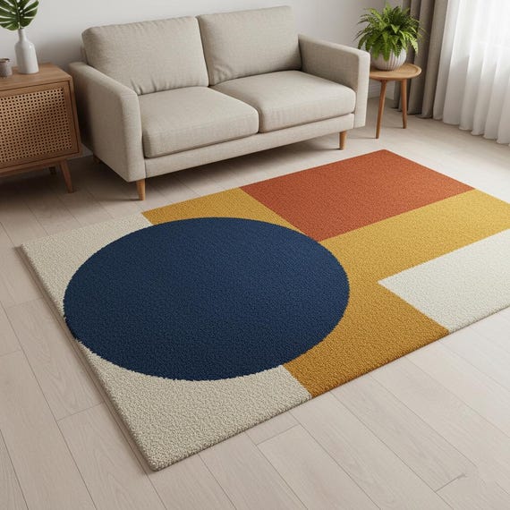 Modern Geometric Hand-tufted Wool | Bold Blue, Mustard & Terracotta Design | Mid-Century Rug for Living Room | Minimalist Home Décor 4x7