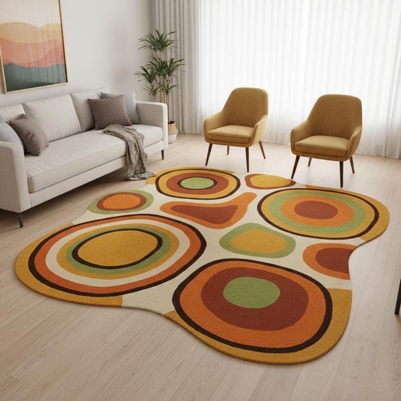 Retro Abstract Circle Hand–Tufted Wool Multicolor Irregular Shape Rug | Mid-Century Modern For Living Room,Bedroom| Nursery Rug 6x6
