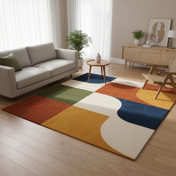 6x9 Living Room Color Block Modern Rug | Mustard, Rust & Navy Abstract Hand-Tufted Wool Carpet | Handmade by Shaanacarpets 5x7.5x8.7x10