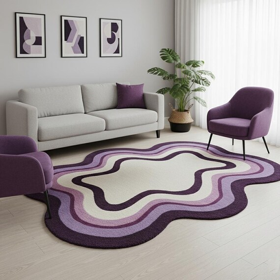 Modern Purple Irregular Shape Area Rug | Abstract Funky Groovy Pattern Living Room,Bedroom | Hand-tufted Wool Contemporary Rug 4x7