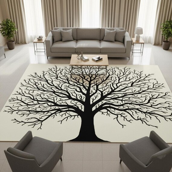 Modern Tree Black and White Hand-tufted Wool Rug 9x12 – Large Area & Nature-Inspired Carpet, Minimalist Living Room Decor, Contemporary Rug
