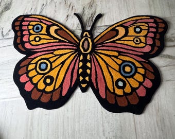 Vibrant Butterfly Hand-Tufted Wool Rug | Maximalist Decor | Boho Art | Groovy Room Decor