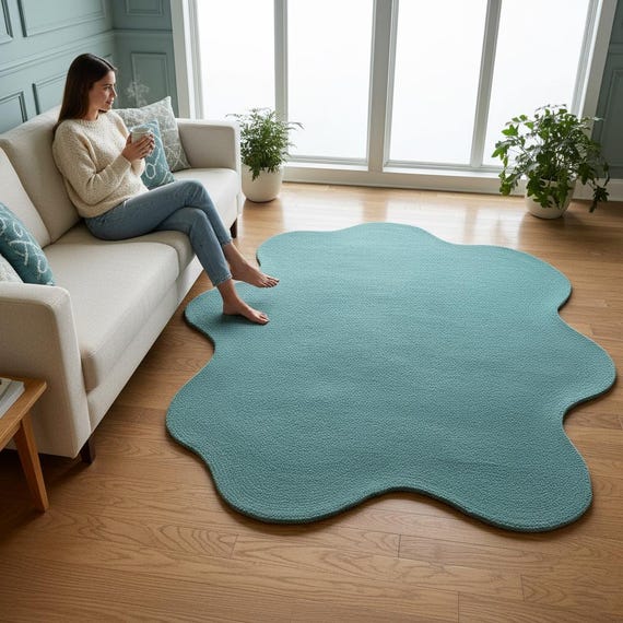 Whimsical Cloud Shape Rug | Teal Blue Irregular Area Rug | Cozy Wavy Design | Textured Hand-Tufted Wool Carpet | 4x6 and Custom Sizes.