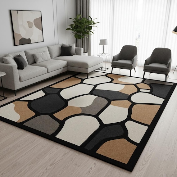 6x9 Modern Geometric Black, Beige & Gray Abstract Pattern Hand-tufted Wool Area Rug | Shaanacarpets Living Room,Bedroom Decor