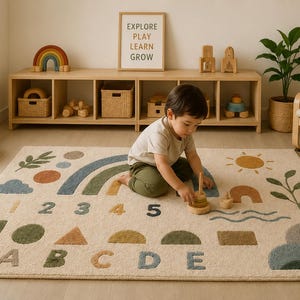 Könnte beinhalten: Ein rechteckiger Teppich mit cremefarbenem Hintergrund und bunten getufteten Motiven, darunter ein Regenbogen, eine Sonne, geometrische Formen, die Zahlen 1 bis 5 sowie die Buchstaben A bis E in gedeckten Blau-, Grün-, Braun- und Gelbtönen.