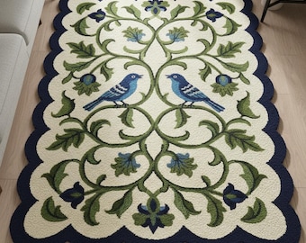 5x7 Bluebird Garden hand-tufted Wool Rug – Handmade Floral Accent Rug with Scalloped Edge,Nature-Inspired for living room,Bedroom kids room