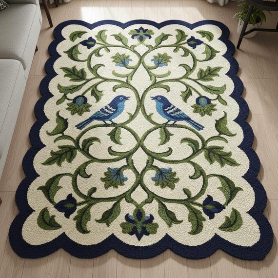 5x7 Bluebird Garden hand-tufted Wool Rug – Handmade Floral Accent Rug with Scalloped Edge,Nature-Inspired for living room,Bedroom kids room