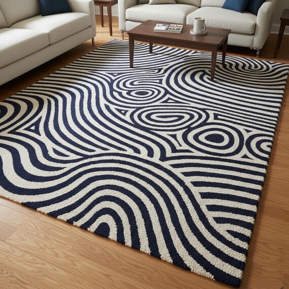 Navy Blue and White Abstract Geometric Area Rug–Hand Tufted Wool Living Room,Bedroom, Contemporary Bold Pattern Home Decor 5x7 Nursery Rug