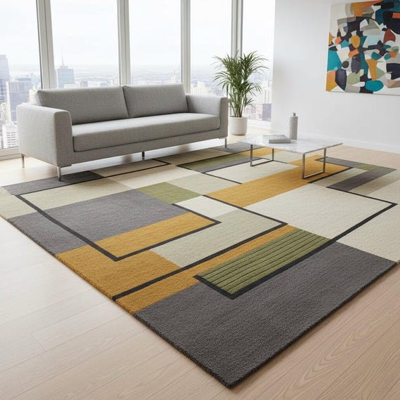 7x10 Abstract Block Design Mustard, Olive & Gray Modern Geometric Wool Rug-Contemporary Living Room Area Carpet 5x7.5x8.6x9