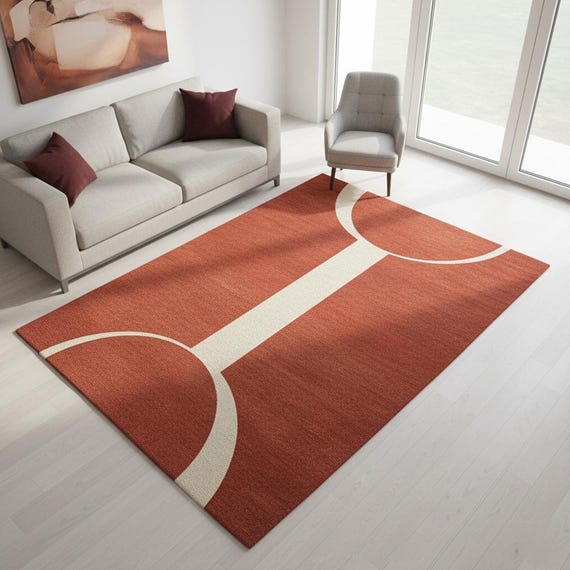 Terracotta Geometric Hand-tufted Wool Rug,Living Room 6x9 Minimalist Rust Orange Area Carpet | Contemporary Abstract Line Pattern Floor Rug