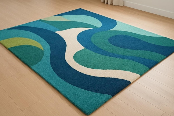 Abstract Wave Hand-tufted Wool Area Rug – Modern Blue Green Geometric Carpet, Contemporary Living Room & Bedroom Decor 7x10