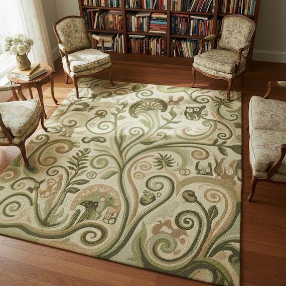 Whimsical Forest Hand–Tufted Wool Woodland Animal Design Rug 5x8 | Nature-Inspired Green & Beige Area Carpet,Cozy Living Room Decor