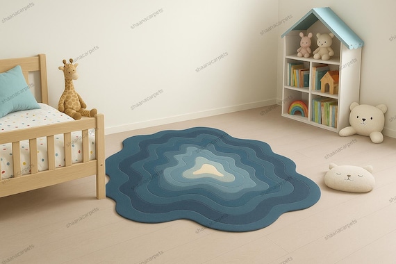 Hand-Tufted Modern Irregular Wool Rug – Ocean Wave Inspired Layered Carpet | Unique Blue Gradient Living Room Accent | Shaanacarpets