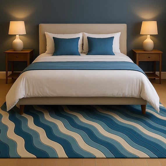 Hand-Tufted Rug ,Modern Blue And Beige Wavy Handmade Geometric Rectangular Carpet for Bedroom & Living Room | Shaanacarpets