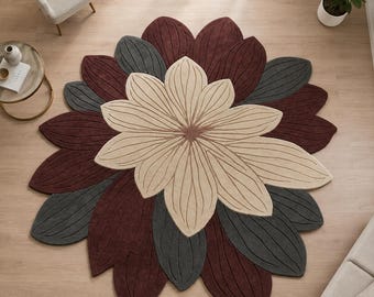 Hand Tufted 3D Floral Area Rug, Irregular Flower Shaped Wool Carpet, Modern Burgundy and Charcoal Statement Rug for Living Room Decor