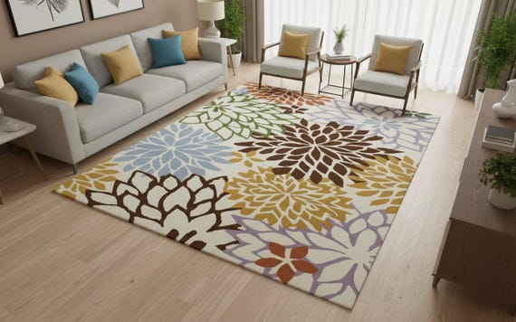 9x12 Colorful Floral Area Rug for Living Room – Modern Hand-Tufted Wool Carpet with Oversized Flower Pattern, Soft Decorative Accent Rug