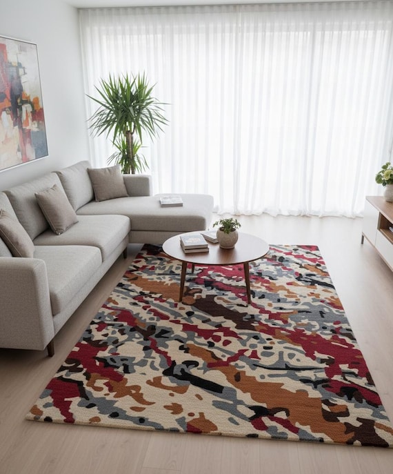 Abstract Camouflage Area Rug | Modern Multi-Color Hand-Tufted Floor Mat | Living Room, Playroom, Teen Room Decor | Unique pattern
