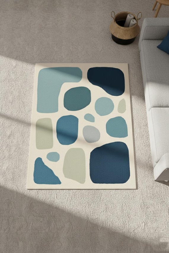 Modern Abstract Hand-tufted wool Area Rug–Blue,Teal Pebble Pattern,Minimalist Geometric Floor Decor For Living room,Bedroom,Nursery Rug 7x10