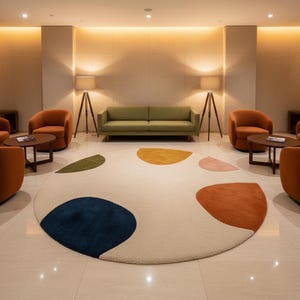 May include: A modern living room with a large, round rug featuring colorful abstract shapes in blue, orange, yellow, green, and pink. The room includes orange armchairs, a green sofa, and wooden side tables.